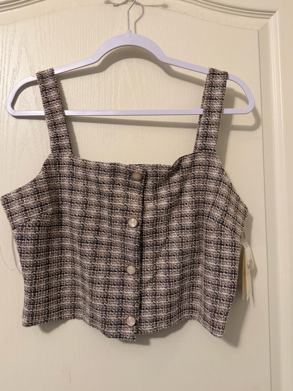 meraki Plaid Tweed Button-Front Crop Top in Beige and Black
